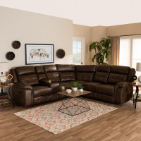 Baxton Studio 7271C-Brown-SF Vesa Modern and Contemporary Brown Leather-Like Fabric Upholstered 6-Piece Sectional Recliner Sofa with 2 Reclining Seats